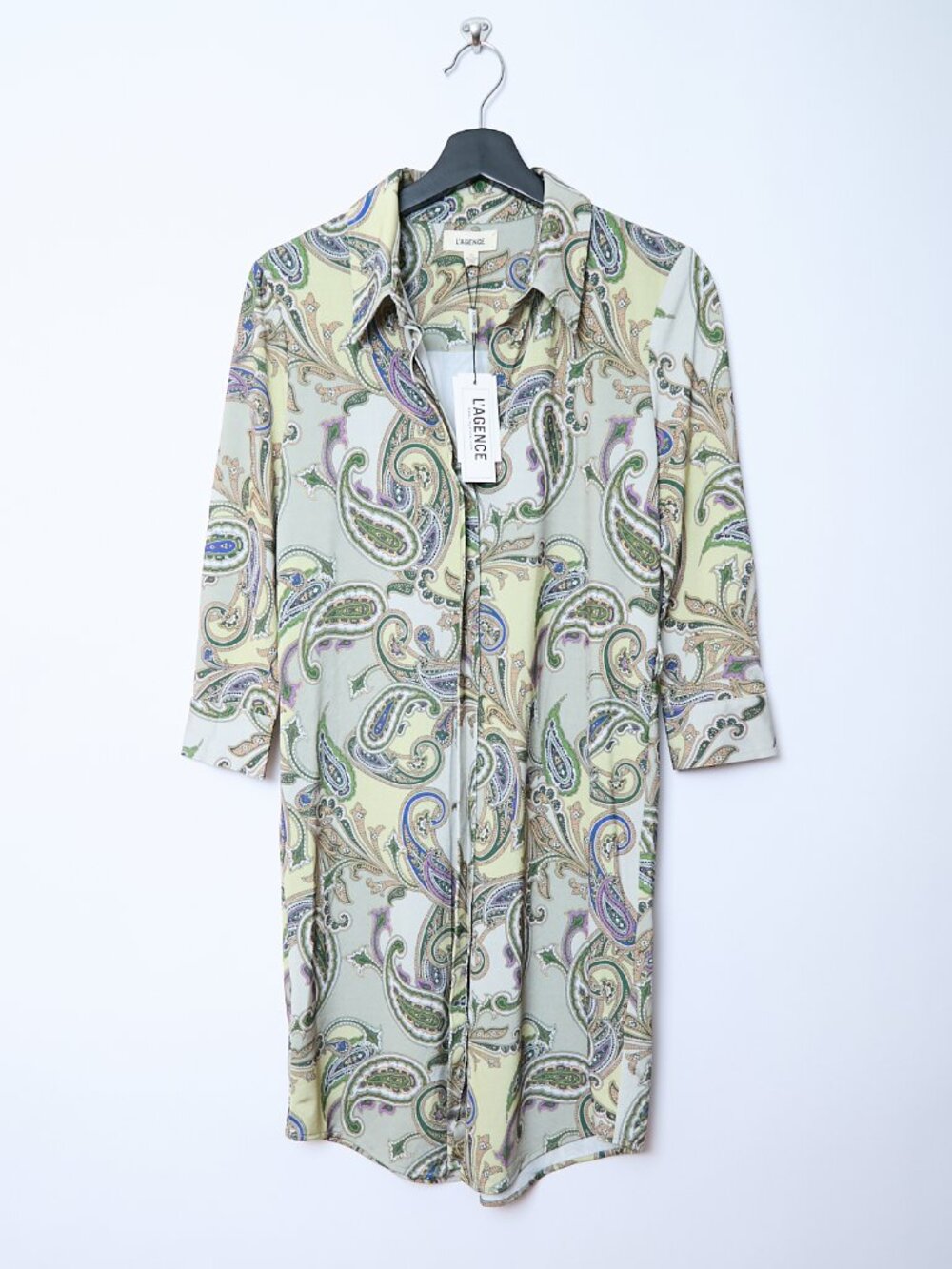 L'Agence Addison Satin Paisley Boho Print Button Down Shirt Dress Luxury Resort